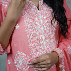 Exquisite Peach Mulchanderi Semistitched Kurta Dupatta Set with Katdana Work