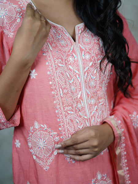 Exquisite Peach Mulchanderi Semistitched Kurta Dupatta Set with Katdana Work