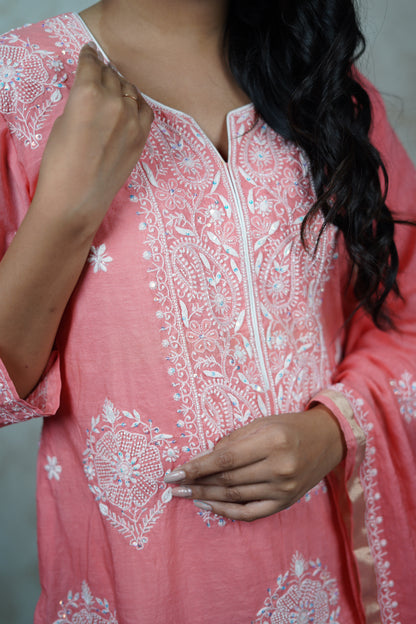 Exquisite Peach Mulchanderi Kurta Dupatta Set with Katdana Work