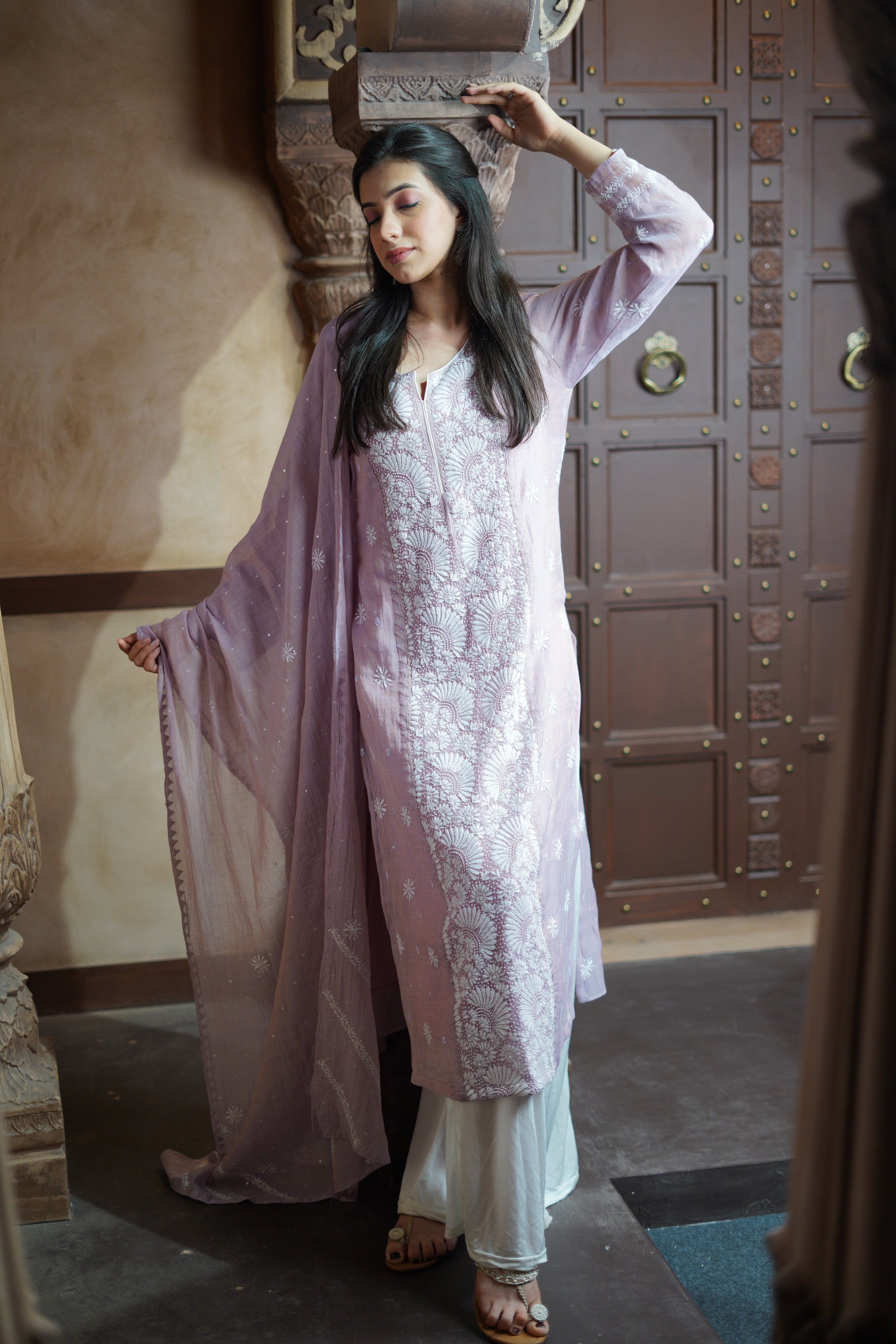 Pantone Dawn Pink Tissue Chikankari Suit Set