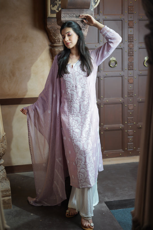 Pantone Dawn Pink Tissue Chikankari Suit Set