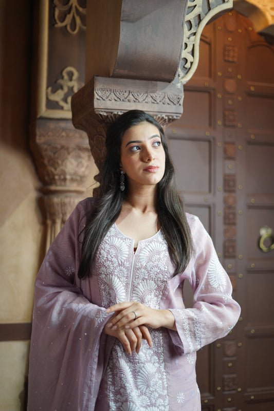 Pantone Dawn Pink Tissue Chikankari Suit Set