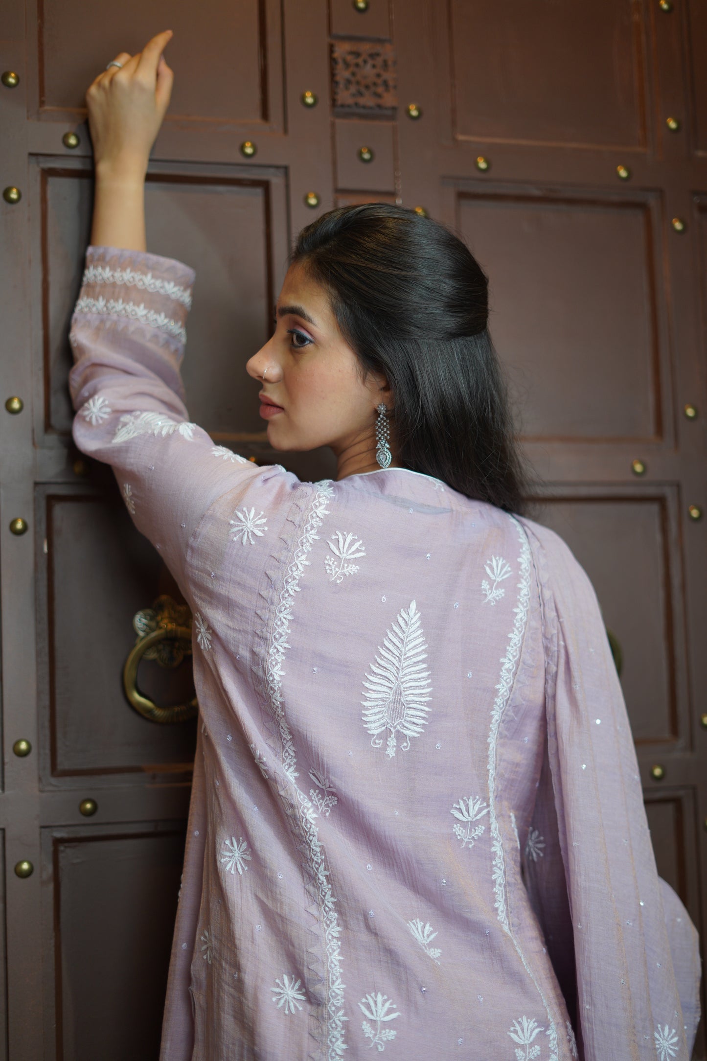 Pantone Dawn Pink Tissue Chikankari Suit Set