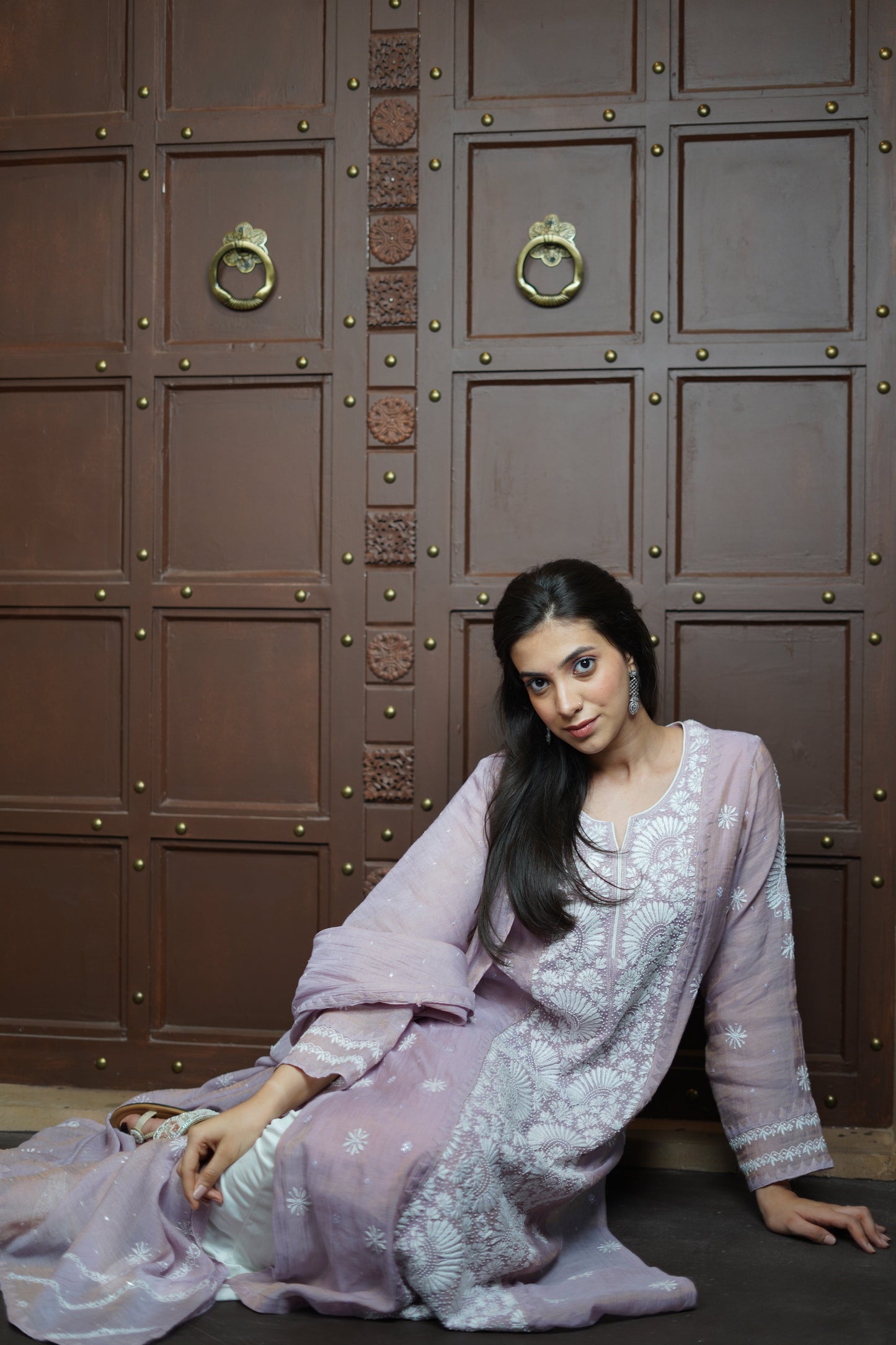 Pantone Dawn Pink Tissue Chikankari Suit Set