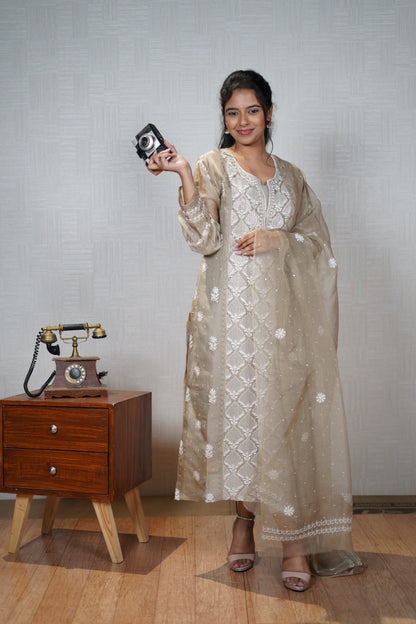 Blue Bronze Organza Chikankari Set