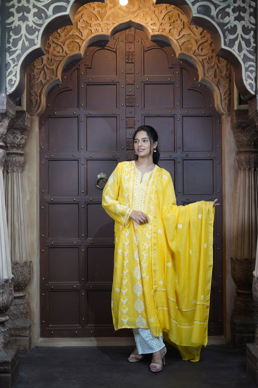 Mukaish Chikankari Suit Set - Minion Yellow