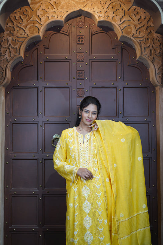 Mukaish Chikankari Suit Set - Minion Yellow