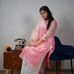 Pink and Blue Organza Chikankari Unstitched Suit Set