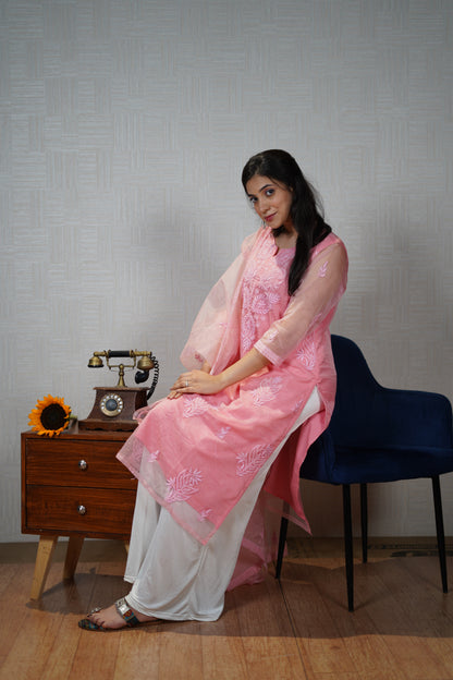 Pink and Blue Organza Chikankari Unstitched Suit Set