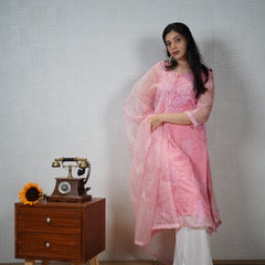 Pink and Blue Organza Chikankari Unstitched Suit Set