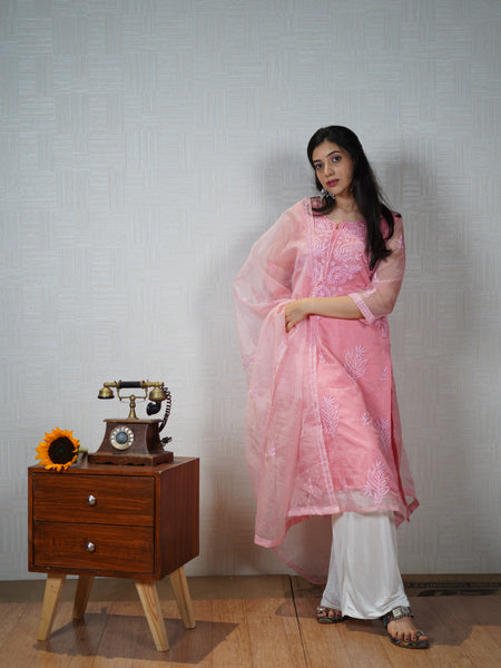 Pink and Blue Organza Chikankari Unstitched Suit Set