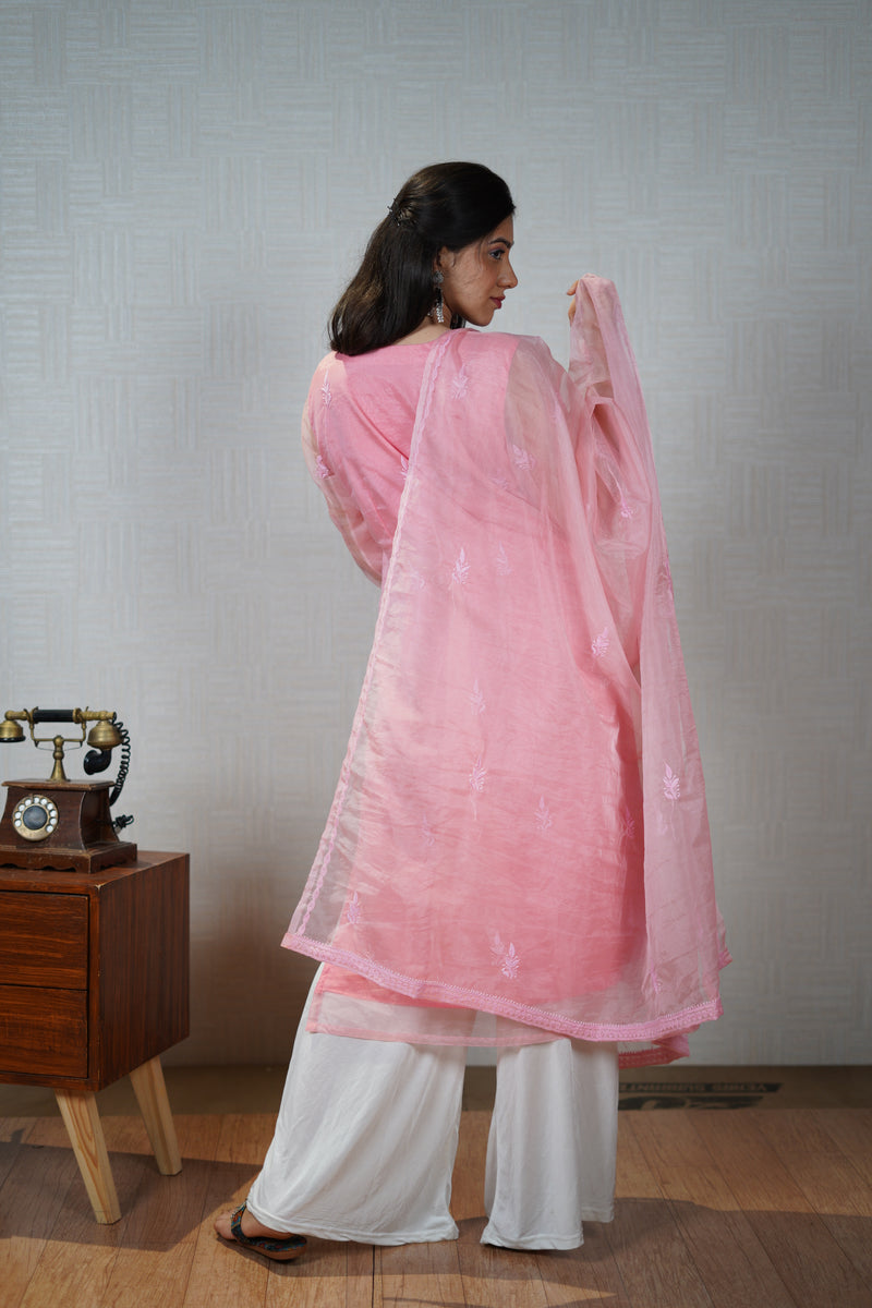 Pink and Blue Organza Chikankari Unstitched Suit Set