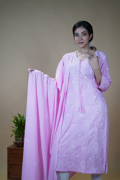Cotton Pink Kurta Dupatta Set with Katdana Work