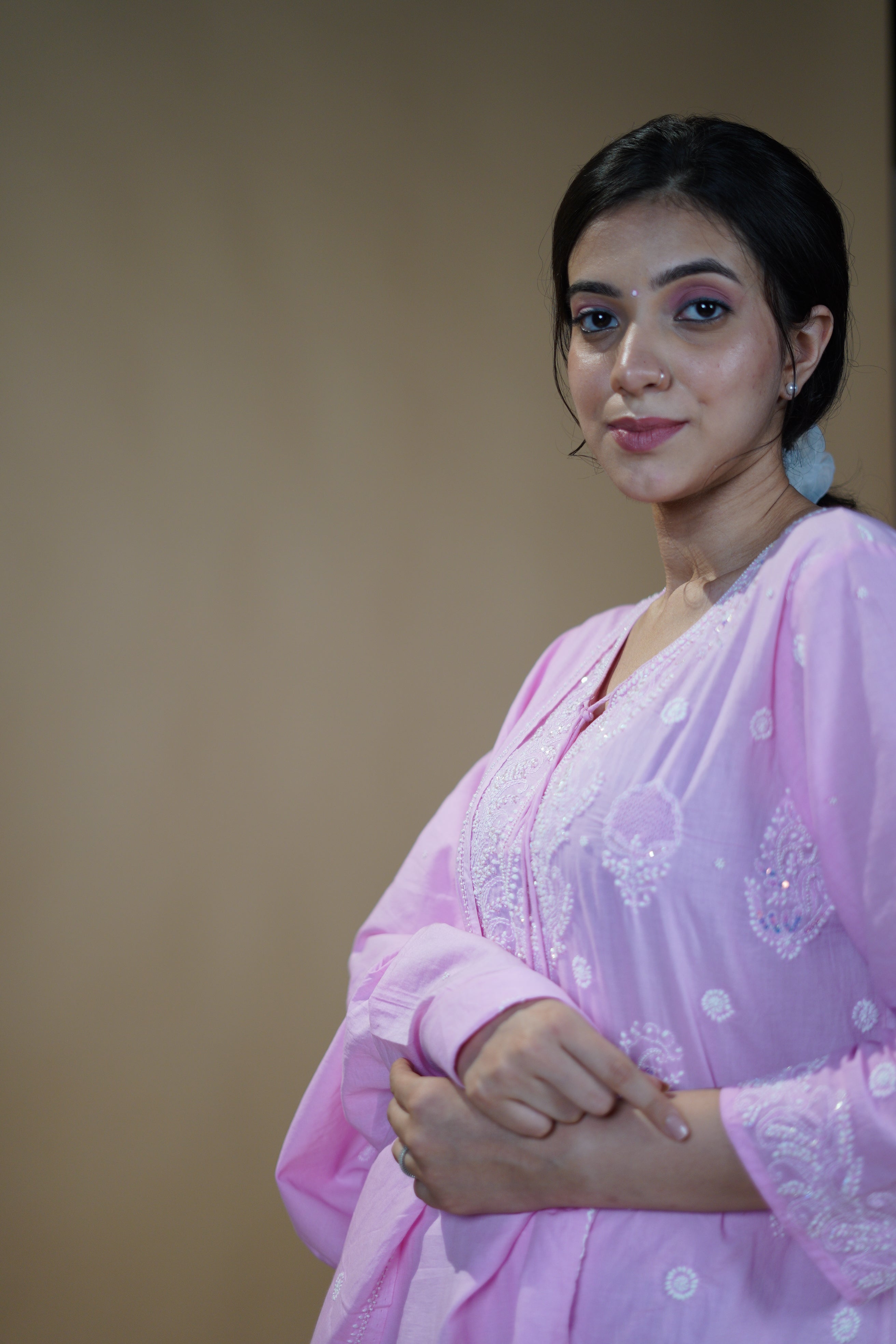 Cotton Pink Kurta Dupatta Set with Katdana Work
