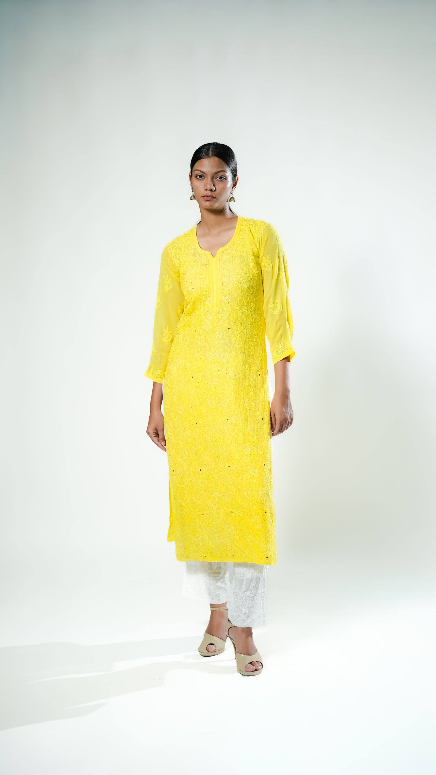 Resham Chikan Work Viscose Georgette Kurta Yellow