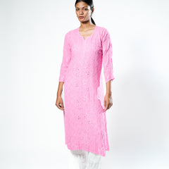 Resham Viscose Readymade Kurta In Bright Pink Color