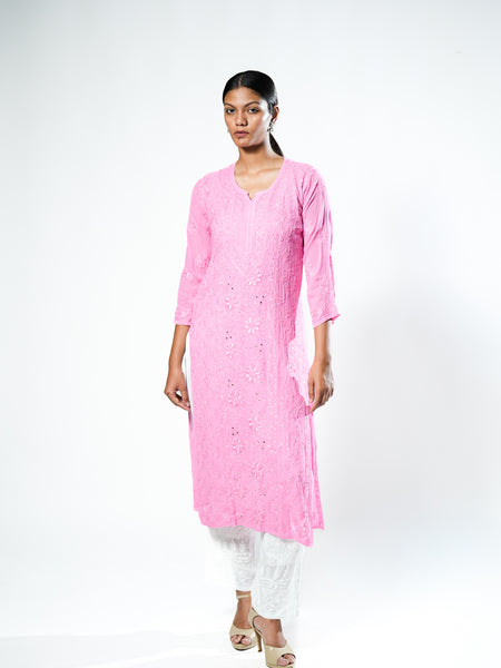 Resham Viscose Readymade Kurta In Bright Pink Color