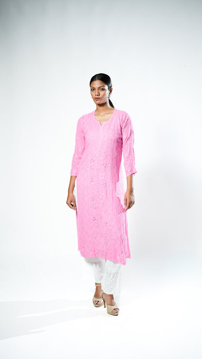 Resham Viscose Readymade Kurta In Bright Pink Color