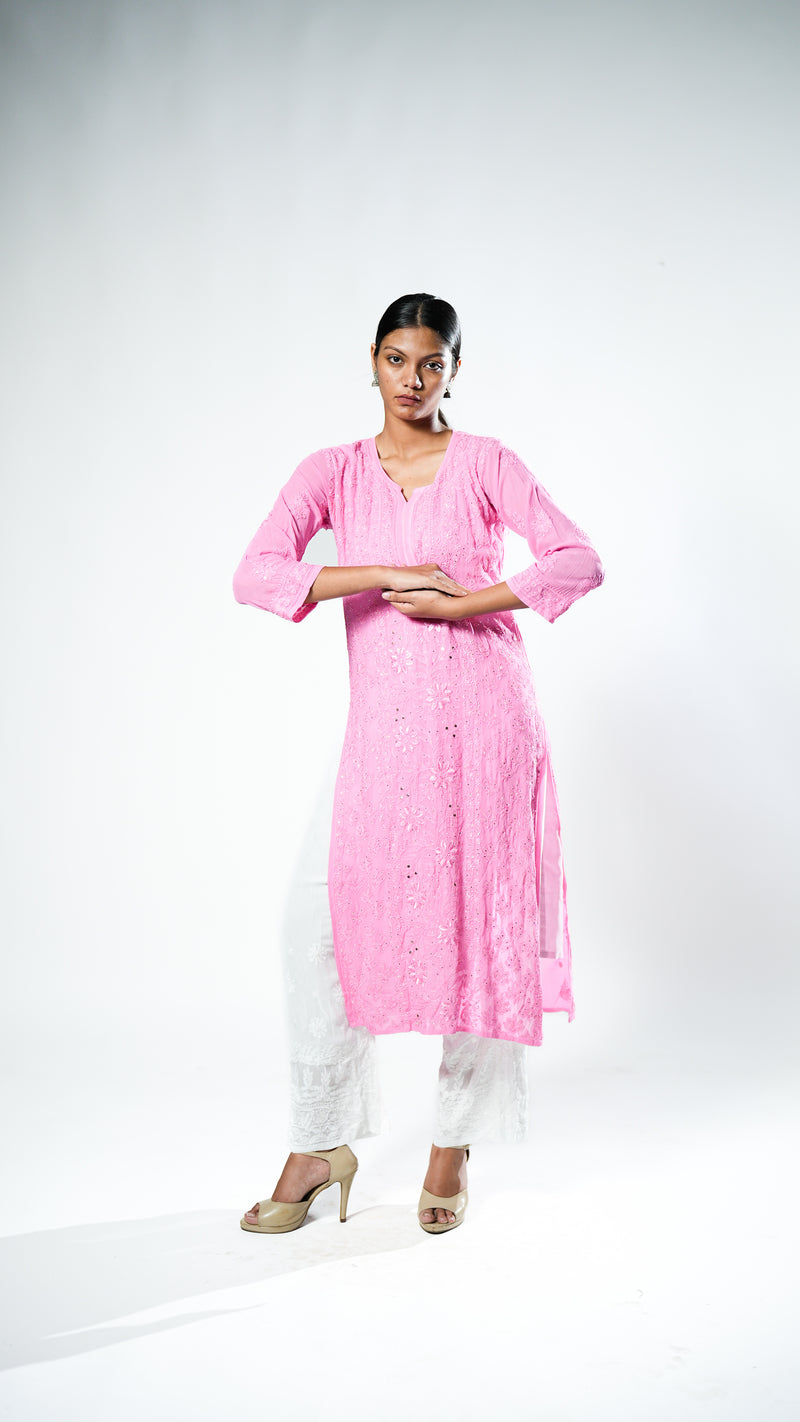 Resham Viscose Readymade Kurta In Bright Pink Color