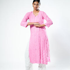 Resham Viscose Readymade Kurta In Bright Pink Color