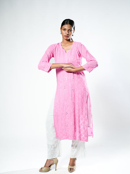 Resham Viscose Readymade Kurta In Bright Pink Color
