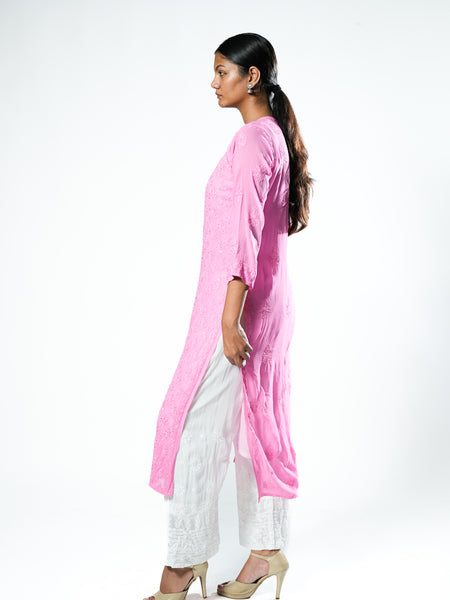Resham Viscose Readymade Kurta In Bright Pink Color