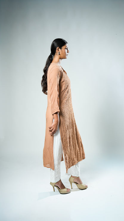 Resham Viscose Georgette Kurta In Tan Color