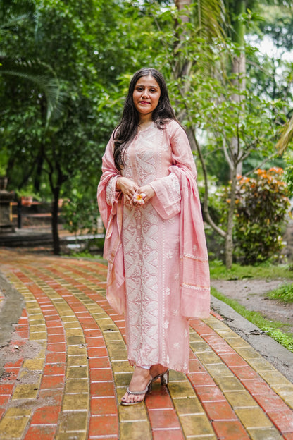 Dusky Pink Chikankari Semistitched Suit Set