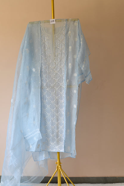 Blue Bronze Organza Chikankari Set