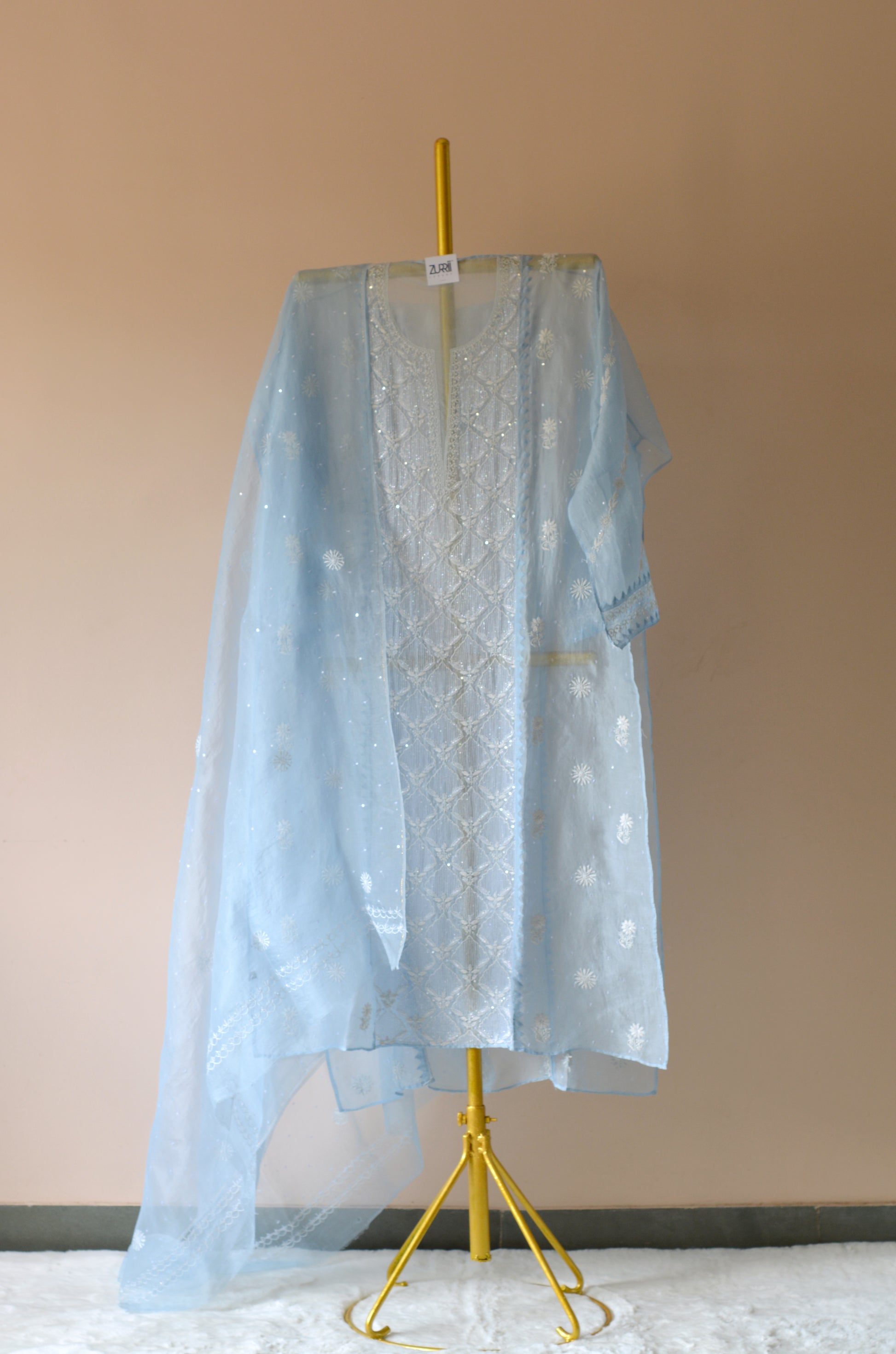 Blue Bronze Organza Chikankari Set