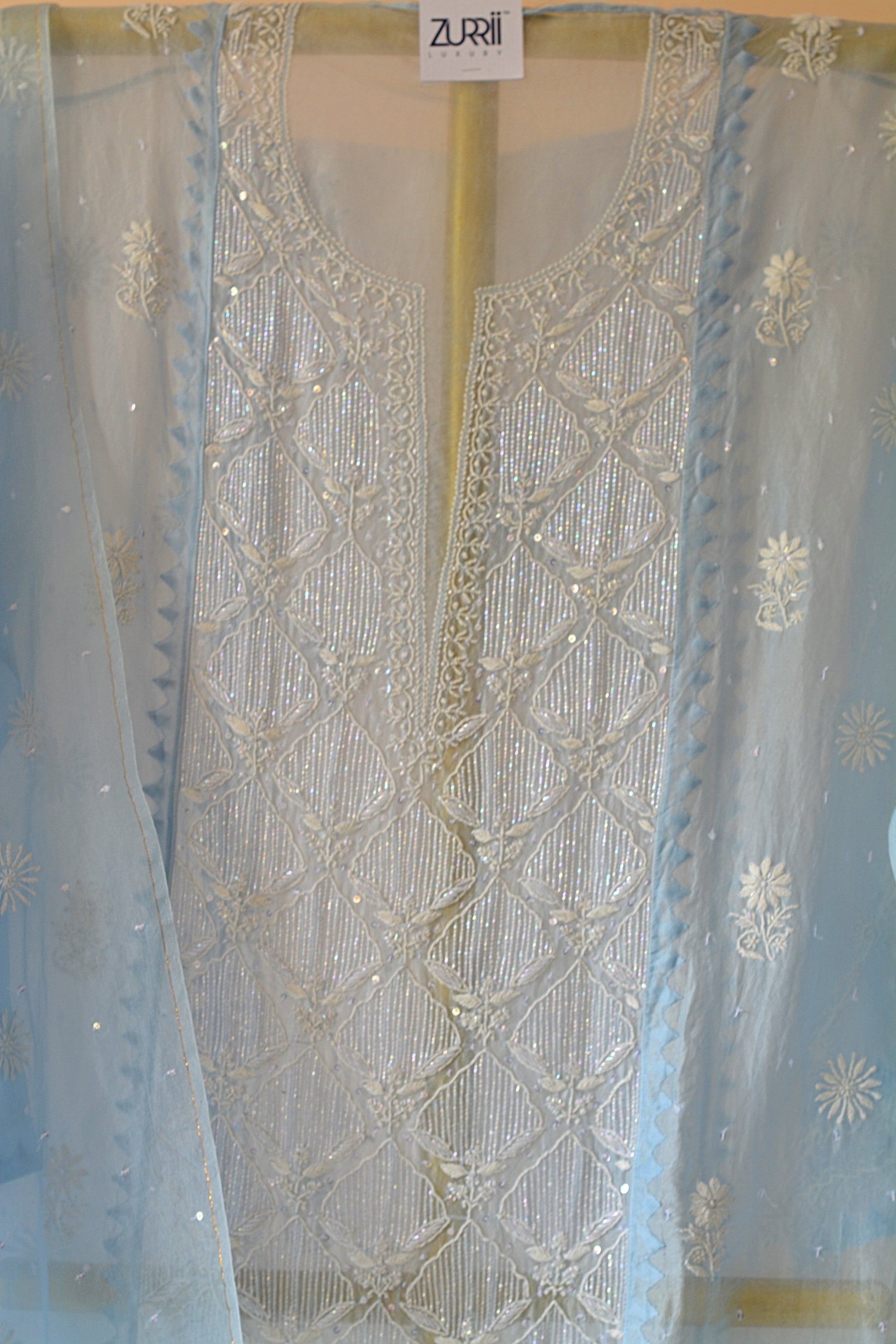 Blue Bronze Organza Chikankari Set