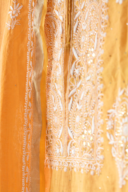 Exquisite Peach Mulchanderi Kurta Dupatta Set with Katdana Work