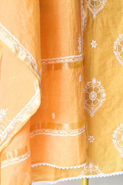 Exquisite Peach Mulchanderi Kurta Dupatta Set with Katdana Work