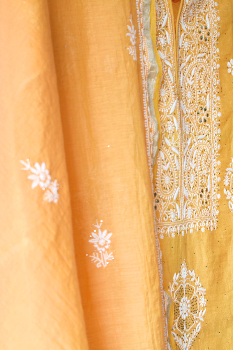 Exquisite Peach Mulchanderi Semistitched Kurta Dupatta Set with Katdana Work