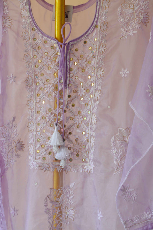 Chikankari Organza Lavender Kurta Dupatta Set