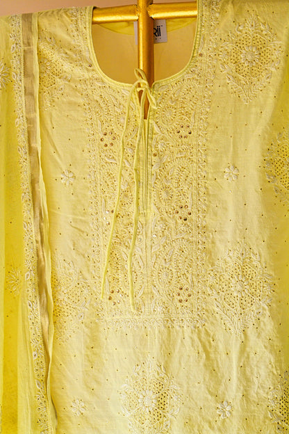 Semistitched Chikankari Mulchanderi With Mukaish Work Suit Set