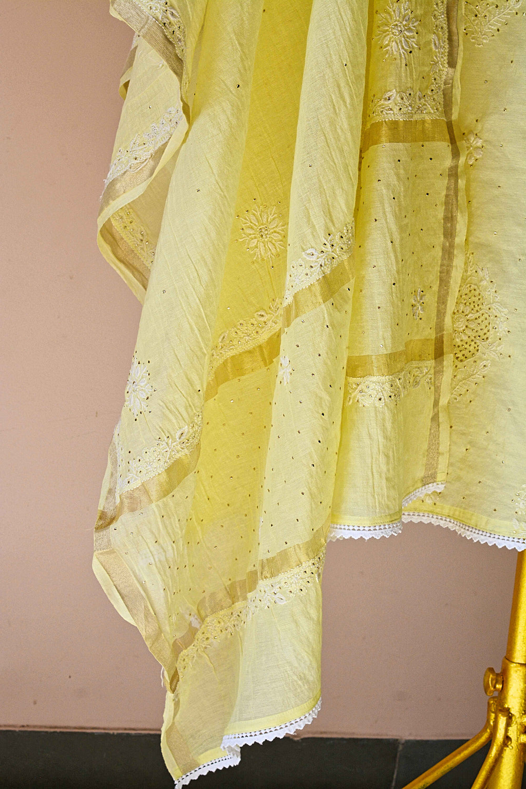 Semistitched Chikankari Mulchanderi With Mukaish Work Suit Set