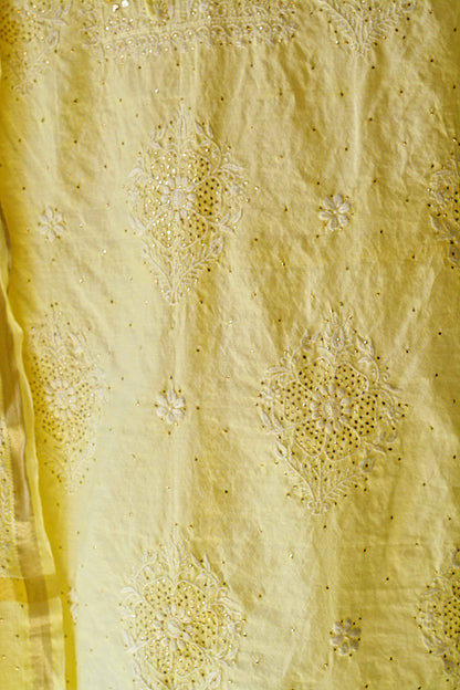 Semistitched Chikankari Mulchanderi With Mukaish Work Suit Set