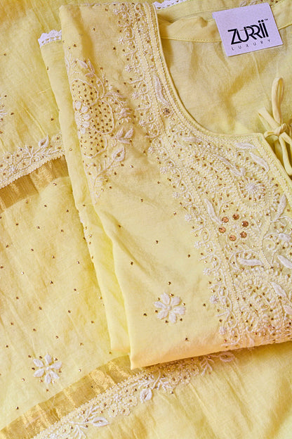 Semistitched Chikankari Mulchanderi With Mukaish Work Suit Set