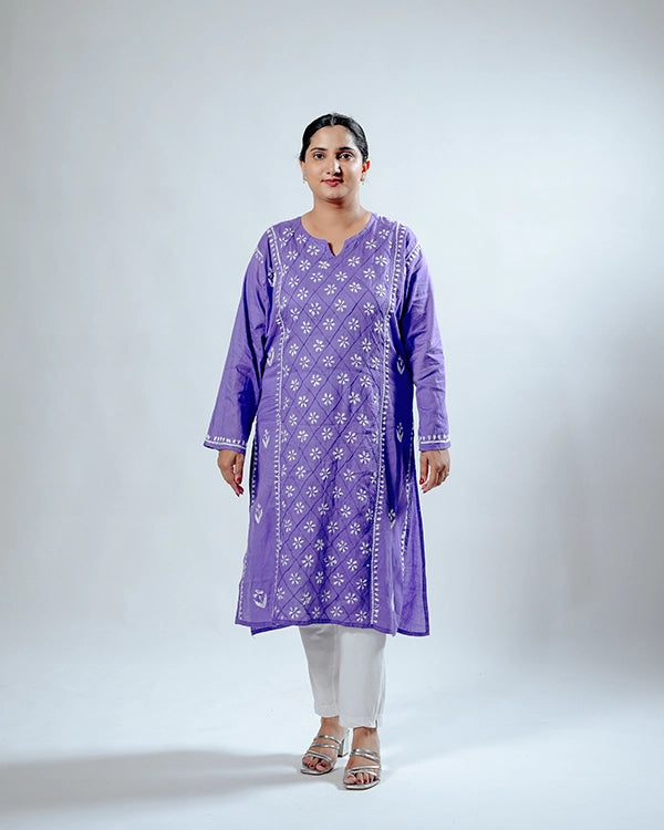 Purple Cotton Kurta With Jaal
