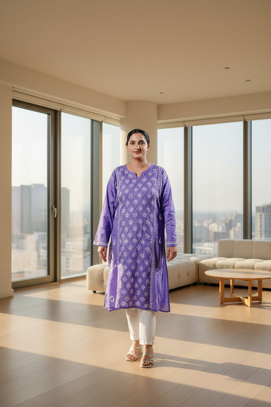Purple Cotton Kurta With Jaal