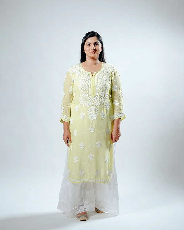 Yellow Viscose Georgette Chikankari Readymade Kurta