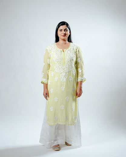 Yellow Viscose Georgette Chikankari Readymade Kurta