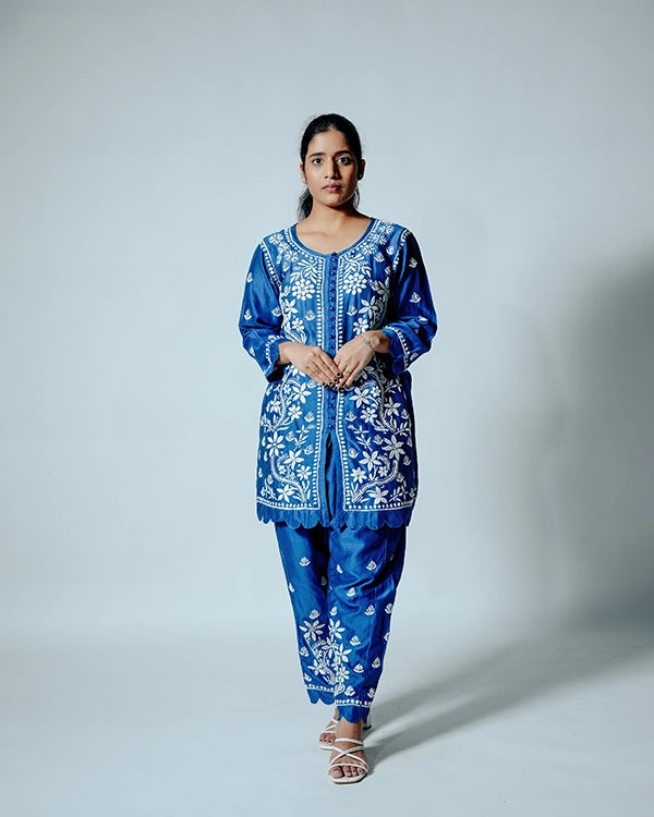 Dark Blue Muslin Co-ord Set With Ghaspatti Chikankari Work