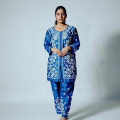 Dark Blue Muslin Co-ord Set With Ghaspatti Chikankari Work