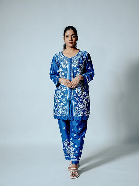 Dark Blue Muslin Co-ord Set With Ghaspatti Chikankari Work