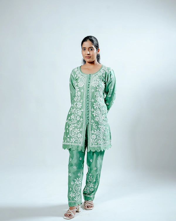 Green Pink Muslin Co-ord Set With Ghaspatti Chikankari Work