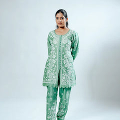 Green Pink Muslin Co-ord Set With Ghaspatti Chikankari Work