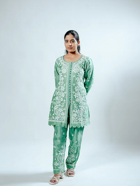 Green Pink Muslin Co-ord Set With Ghaspatti Chikankari Work