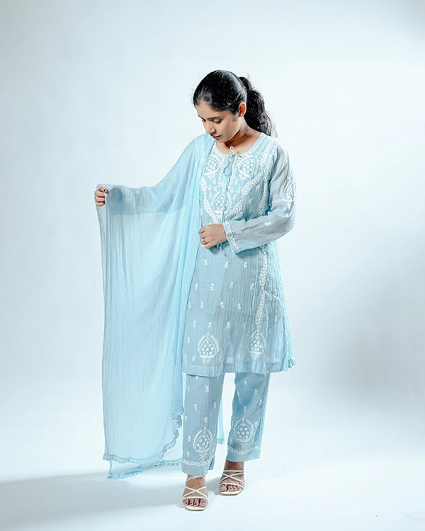 Celestial Blue Mulchanderi Suit Set